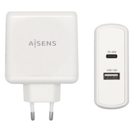 Cargador de Pared Aisens ASCH-2PD45A-W/ 1xUSB Tipo-C/ 1x USB/ 57W Cargador de Pared Aisens ASCH-2PD45A-W/ 1xUSB Tipo-C/ 1x USB/ 57W