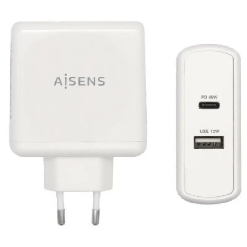 Cargador de Pared Aisens ASCH-2PD45A-W/ 1xUSB Tipo-C/ 1x USB/ 57W Cargador de Pared Aisens ASCH-2PD45A-W/ 1xUSB Tipo-C/ 1x USB/ 57W