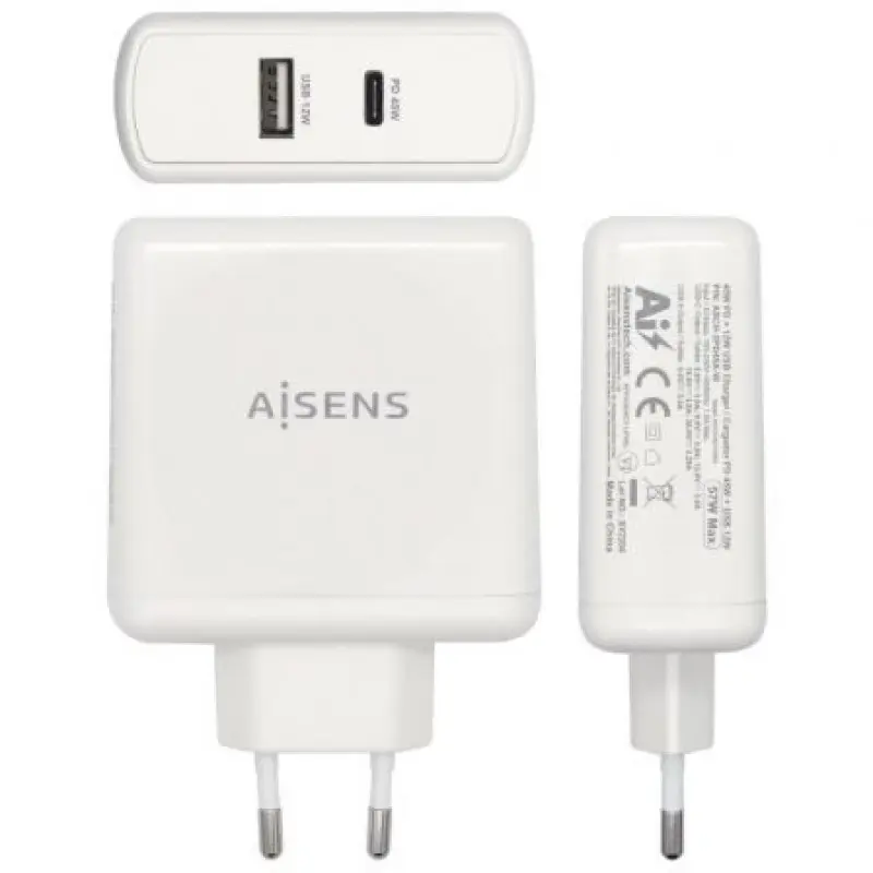 Cargador de Pared Aisens ASCH-2PD45A-W/ 1xUSB Tipo-C/ 1x USB/ 57W Cargador de Pared Aisens ASCH-2PD45A-W/ 1xUSB Tipo-C/ 1x USB/ 57W