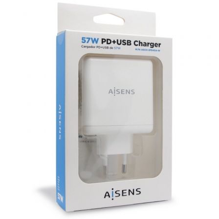 Cargador de Pared Aisens ASCH-2PD45A-W/ 1xUSB Tipo-C/ 1x USB/ 57W Cargador de Pared Aisens ASCH-2PD45A-W/ 1xUSB Tipo-C/ 1x USB/ 57W