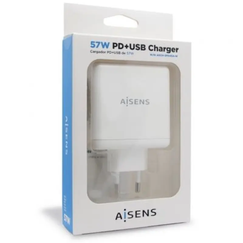 Cargador de Pared Aisens ASCH-2PD45A-W/ 1xUSB Tipo-C/ 1x USB/ 57W Cargador de Pared Aisens ASCH-2PD45A-W/ 1xUSB Tipo-C/ 1x USB/ 57W