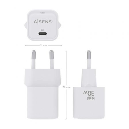 Cargador Gan de Pared Aisens ASCH-30W1P018-W/ 1xUSB Tipo-C/ 30W Cargador Gan de Pared Aisens ASCH-30W1P018-W/ 1xUSB Tipo-C/ 30W