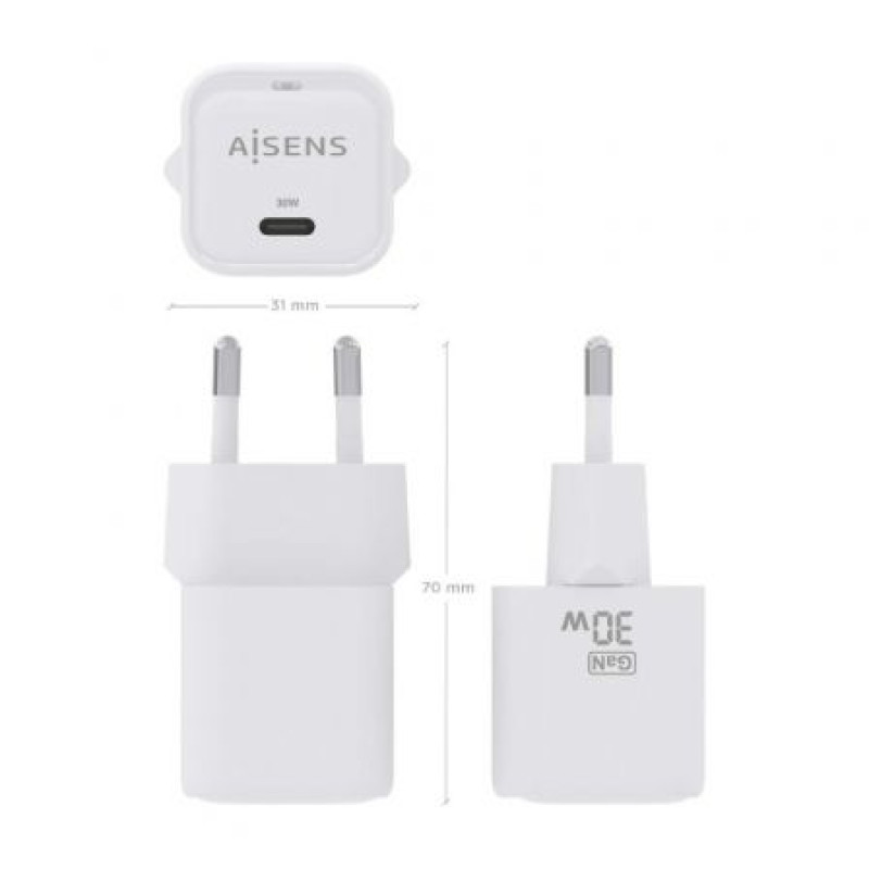 Cargador Gan de Pared Aisens ASCH-30W1P018-W/ 1xUSB Tipo-C/ 30W Cargador Gan de Pared Aisens ASCH-30W1P018-W/ 1xUSB Tipo-C/ 30W