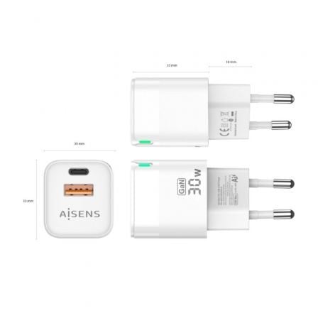 Cargador Gan de Pared Aisens ASCH-30W2P004-W/ 1xUSB Tipo-C/ 1xUSB/ 30W Cargador Gan de Pared Aisens ASCH-30W2P004-W/ 1xUSB Tipo-C/ 1xUSB/ 30W