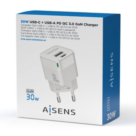 Cargador Gan de Pared Aisens ASCH-30W2P004-W/ 1xUSB Tipo-C/ 1xUSB/ 30W Cargador Gan de Pared Aisens ASCH-30W2P004-W/ 1xUSB Tipo-C/ 1xUSB/ 30W