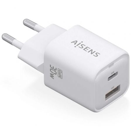 Cargador Gan de Pared Aisens ASCH-30W2P020-W/ 1xUSB Tipo-C/ 1xUSB/ 30W Cargador Gan de Pared Aisens ASCH-30W2P020-W/ 1xUSB Tipo-C/ 1xUSB/ 30W