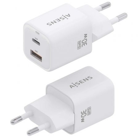 Cargador Gan de Pared Aisens ASCH-30W2P020-W/ 1xUSB Tipo-C/ 1xUSB/ 30W Cargador Gan de Pared Aisens ASCH-30W2P020-W/ 1xUSB Tipo-C/ 1xUSB/ 30W