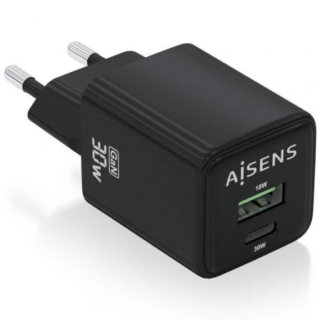 Cargador Gan de Pared Aisens ASCH-30W2P038-BK/ 1xUSB Tipo-C/ 1xUSB/ 30W Cargador Gan de Pared Aisens ASCH-30W2P038-BK/ 1xUSB Tipo-C/ 1xUSB/ 30W