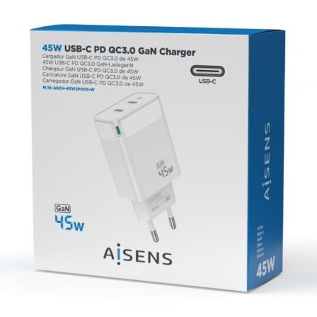 Cargador Gan de Pared Aisens ASCH-45W2P005-W/ 2xUSB Tipo-C/ 45W Cargador Gan de Pared Aisens ASCH-45W2P005-W/ 2xUSB Tipo-C/ 45W