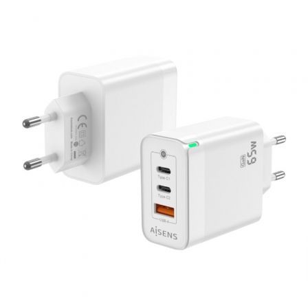 Cargador Gan de Pared Aisens ASCH-65W3P007-W/ 2xUSB Tipo-C/ 1x USB/ 65W Cargador Gan de Pared Aisens ASCH-65W3P007-W/ 2xUSB Tipo-C/ 1x USB/ 65W