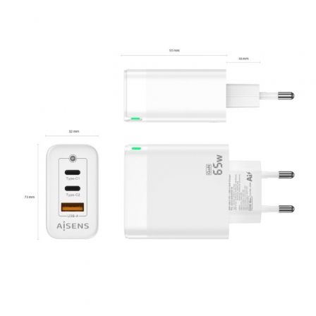 Cargador Gan de Pared Aisens ASCH-65W3P007-W/ 2xUSB Tipo-C/ 1x USB/ 65W Cargador Gan de Pared Aisens ASCH-65W3P007-W/ 2xUSB Tipo-C/ 1x USB/ 65W