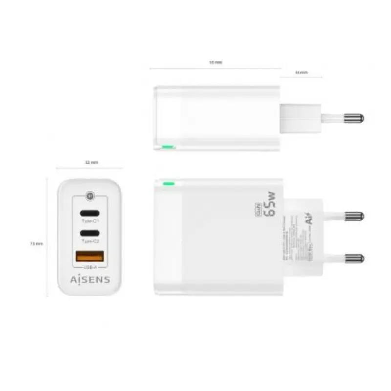 Cargador Gan de Pared Aisens ASCH-65W3P007-W/ 2xUSB Tipo-C/ 1x USB/ 65W Cargador Gan de Pared Aisens ASCH-65W3P007-W/ 2xUSB Tipo-C/ 1x USB/ 65W