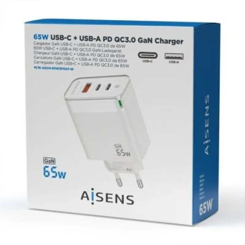 Cargador Gan de Pared Aisens ASCH-65W3P007-W/ 2xUSB Tipo-C/ 1x USB/ 65W Cargador Gan de Pared Aisens ASCH-65W3P007-W/ 2xUSB Tipo-C/ 1x USB/ 65W
