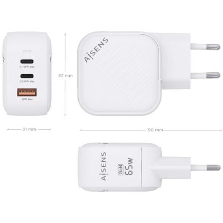 Cargador Gan de Pared Aisens ASCH-65W3P026-W/ 2xUSB Tipo-C/ 1xUSB/ 65W Cargador Gan de Pared Aisens ASCH-65W3P026-W/ 2xUSB Tipo-C/ 1xUSB/ 65W