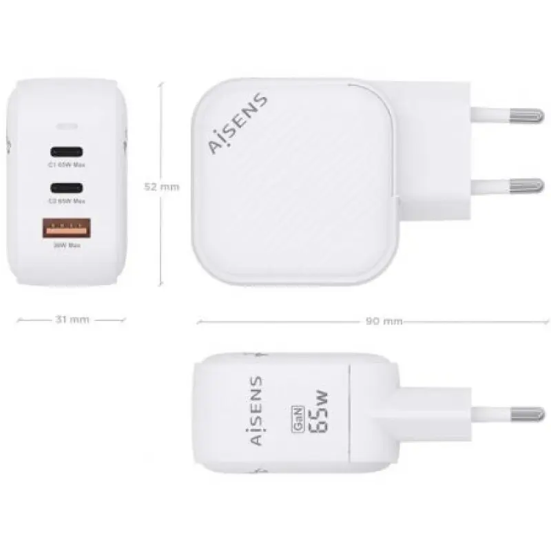 Cargador Gan de Pared Aisens ASCH-65W3P026-W/ 2xUSB Tipo-C/ 1xUSB/ 65W Cargador Gan de Pared Aisens ASCH-65W3P026-W/ 2xUSB Tipo-C/ 1xUSB/ 65W