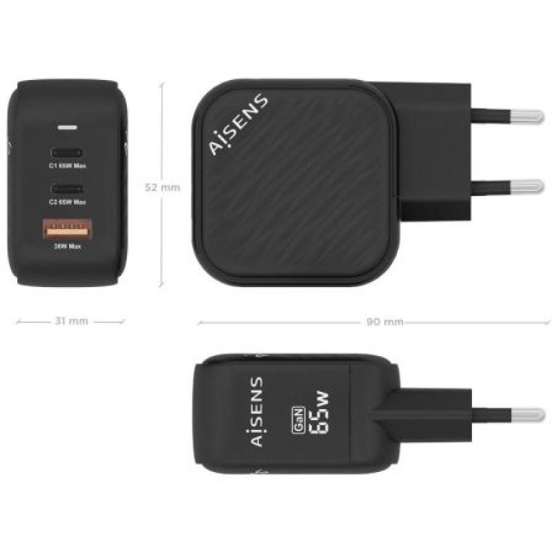 Cargador Gan de Pared Aisens ASCH-65W3P027-BK/ 2xUSB Tipo-C/ 1xUSB/ 65W Cargador Gan de Pared Aisens ASCH-65W3P027-BK/ 2xUSB Tipo-C/ 1xUSB/ 65W
