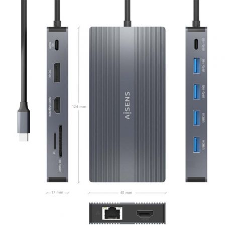 Docking USB Tipo-C Aisens ASUC-12P017-GR/ 2xHDMI/ 4xUSB/ 1xUSB Tipo-C/ 1xRJ45/ 1xDisplayPort/ 1xLector Tarjetas/ 1xUSB Tipo-C PD/ Gris Docking USB Tipo-C Aisens ASUC-12P017-GR/ 2xHDMI/ 4xUSB/ 1xUSB Tipo-C/ 1xRJ45/ 1xDisplayPort/ 1xLector Tarjetas/ 1xUSB Tipo-C PD/ Gris