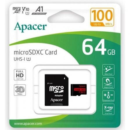Tarjeta de Memoria Apacer 64GB XC UHS 1 con Adaptador/ Clase 10/ 100MBs Tarjeta de Memoria Apacer 64GB XC UHS 1 con Adaptador/ Clase 10/ 100MBs