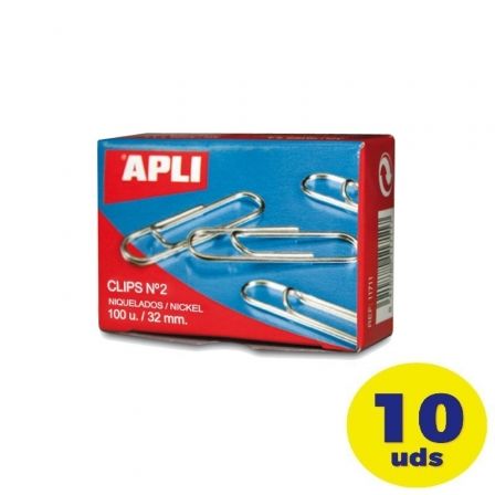 Pack de 10 cajas de 100 Clips Nº2 Apli 11714/ Plata Pack de 10 cajas de 100 Clips Nº2 Apli 11714/ Plata