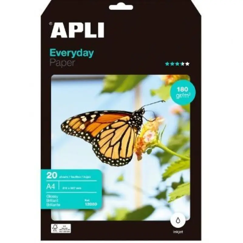 Papel Fotográfico Apli Everyday 12080/ DIN A4/ 180g/ 20 Hojas/ Brillante Papel Fotográfico Apli Everyday 12080/ DIN A4/ 180g/ 20 Hojas/ Brillante