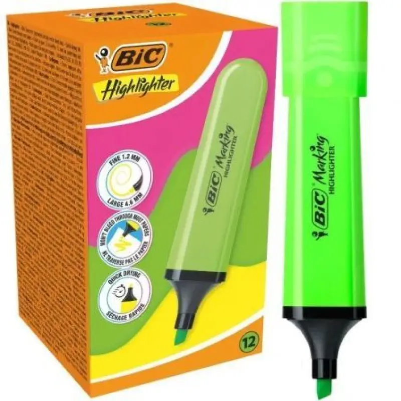 Caja de Marcadores Fluorescentes Bic Highlighter Flat Neón/ 12 unidades/ Verdes Caja de Marcadores Fluorescentes Bic Highlighter Flat Neón/ 12 unidades/ Verdes