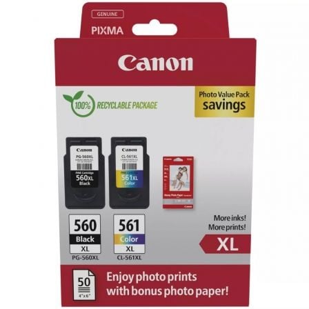 Cartucho de Tinta Original Canon PG-560XL + CL-561XL Multipack Alta Capacidad/ Negro/ Tricolor + Papel Fotográfico Cartucho de Tinta Original Canon PG-560XL + CL-561XL Multipack Alta Capacidad/ Negro/ Tricolor + Papel Fotográfico