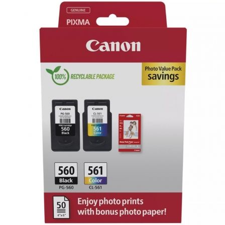 Cartucho de Tinta Original Canon PG-560 + CL-561 Multipack/ Negro/ Tricolor + Papel Fotográfico Cartucho de Tinta Original Canon PG-560 + CL-561 Multipack/ Negro/ Tricolor + Papel Fotográfico