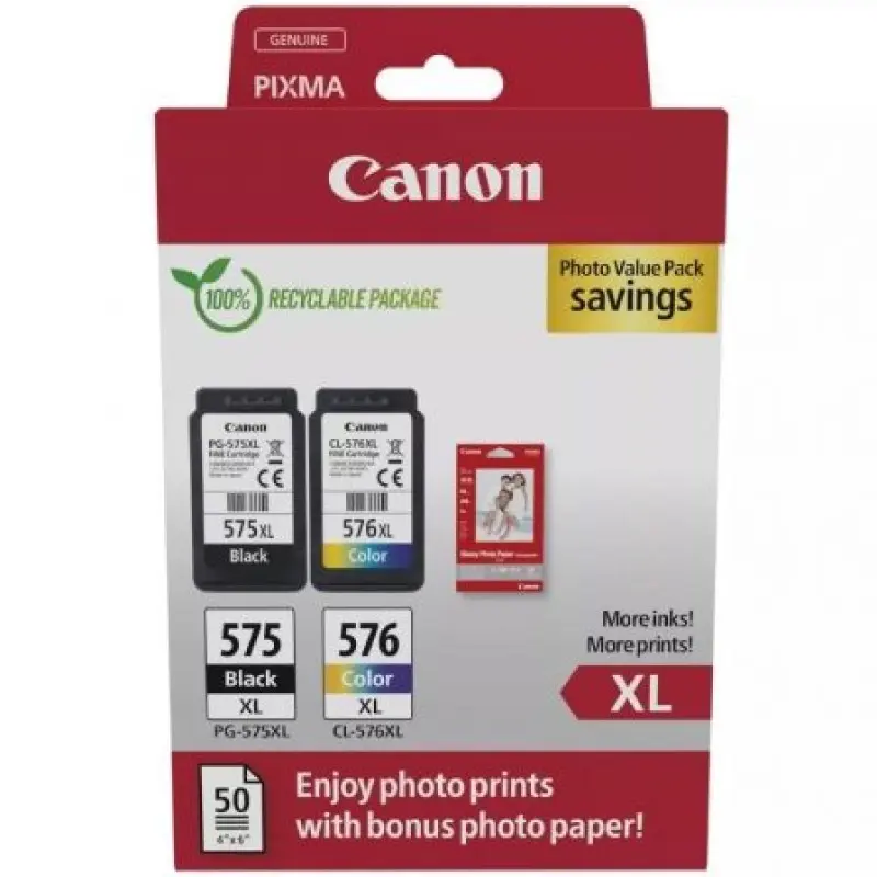 Cartucho de Tinta Original Canon PG-575XL + CL576XL Multipack Alta Capacidad/ Negro/ Tricolor + Papel Fotográfico Cartucho de Tinta Original Canon PG-575XL + CL576XL Multipack Alta Capacidad/ Negro/ Tricolor + Papel Fotográfico