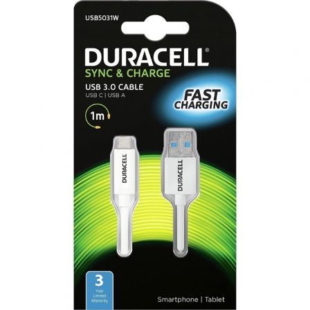 Cable USB 3.0 Tipo-C Duracell USB5031W/ USB Tipo-C Macho - USB Macho/ 1m/ Blanco Cable USB 3.0 Tipo-C Duracell USB5031W/ USB Tipo-C Macho - USB Macho/ 1m/ Blanco