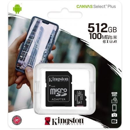 Tarjeta de Memoria Kingston CANVAS Select Plus 512GB microSD XC con Adaptador/ Clase 10/ 100MBs Tarjeta de Memoria Kingston CANVAS Select Plus 512GB microSD XC con Adaptador/ Clase 10/ 100MBs