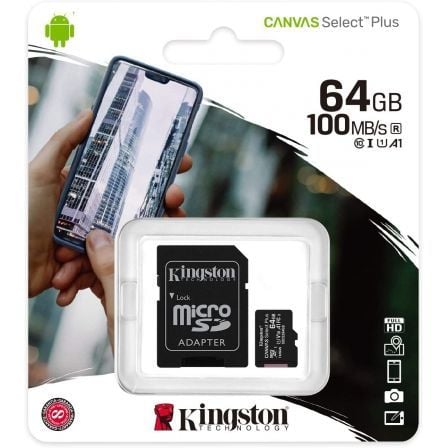 Tarjeta de Memoria Kingston CANVAS Select Plus 64GB microSD XC con Adaptador/ Clase 10/ 100MBs Tarjeta de Memoria Kingston CANVAS Select Plus 64GB microSD XC con Adaptador/ Clase 10/ 100MBs