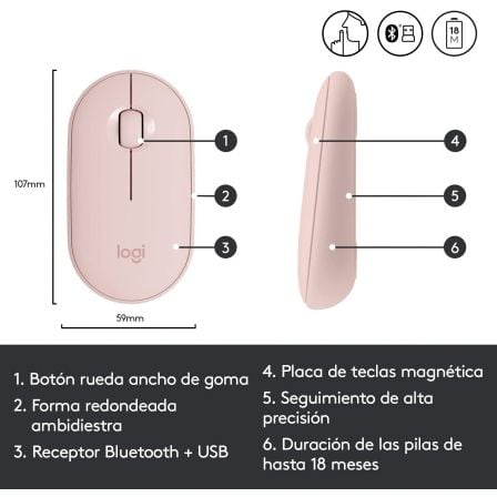 Ratón Inalámbrico por Bluetooth/ 2.4GHz Logitech Pebble M350/ Hasta 1000 DPI/ Rosa Ratón Inalámbrico por Bluetooth/ 2.4GHz Logitech Pebble M350/ Hasta 1000 DPI/ Rosa
