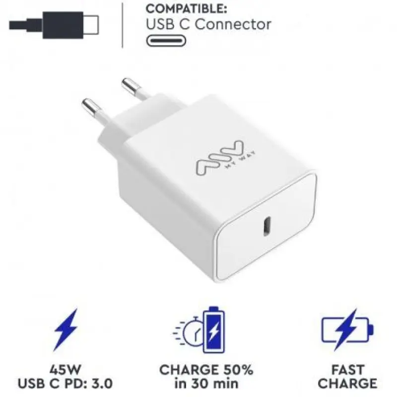 Cargador de Pared Myway MWACC0018/ 1xUSB Tipo-C/ 45W Cargador de Pared Myway MWACC0018/ 1xUSB Tipo-C/ 45W