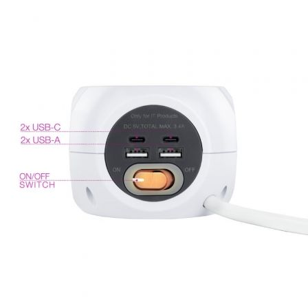 Regleta Nanocable 10.37.0001/ 3 Tomas de corriente/ 2 USB - 2 USB Tipo-C/ Cable 1.4m/ Blanca Regleta Nanocable 10.37.0001/ 3 Tomas de corriente/ 2 USB - 2 USB Tipo-C/ Cable 1.4m/ Blanca