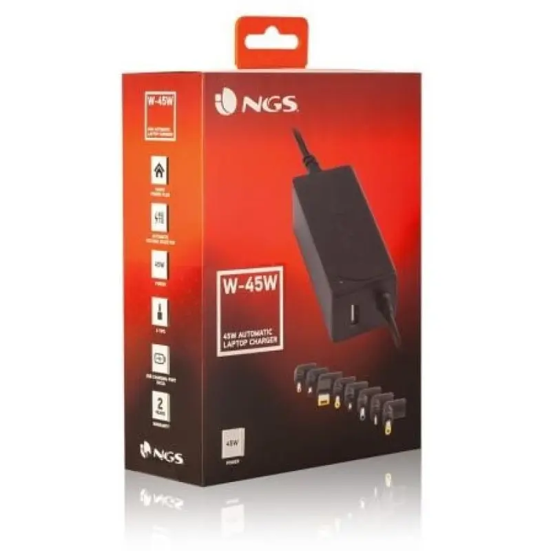 Cargador de Portátil NGS W-45W/ 45W/ Automático/ 8 Conectores/ Voltaje 19-20V/ 1 USB Cargador de Portátil NGS W-45W/ 45W/ Automático/ 8 Conectores/ Voltaje 19-20V/ 1 USB