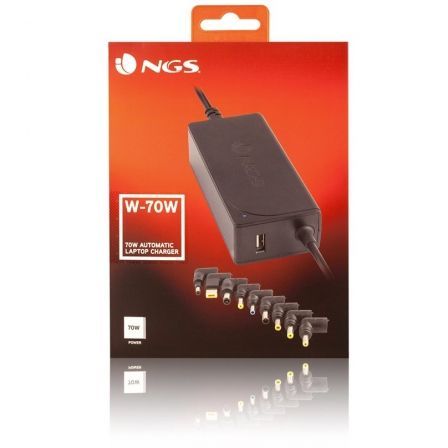 Cargador de Portátil NGS W-70W/ 70W/ Automático/ 9 Conectores/ Voltaje 18.5-20V/ 1 USB Cargador de Portátil NGS W-70W/ 70W/ Automático/ 9 Conectores/ Voltaje 18.5-20V/ 1 USB