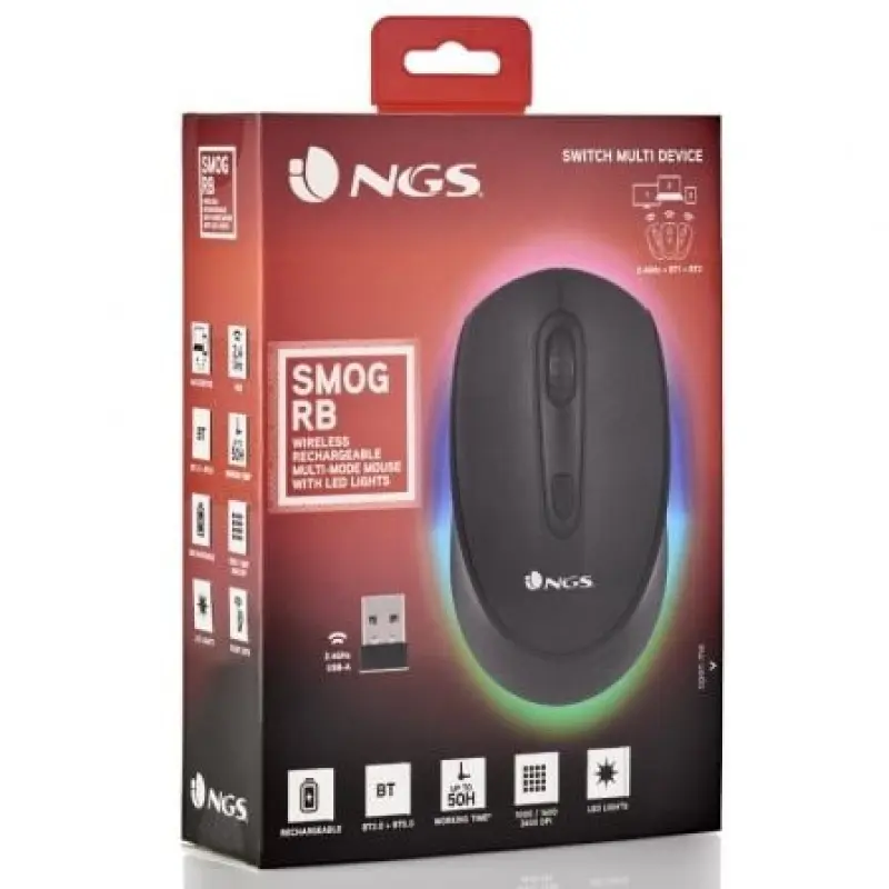 Ratón Inalámbrico por Bluetooth NGS Smog-RB/ Batería recargable/ Hasta 1600 DPI/ Negro Ratón Inalámbrico por Bluetooth NGS Smog-RB/ Batería recargable/ Hasta 1600 DPI/ Negro