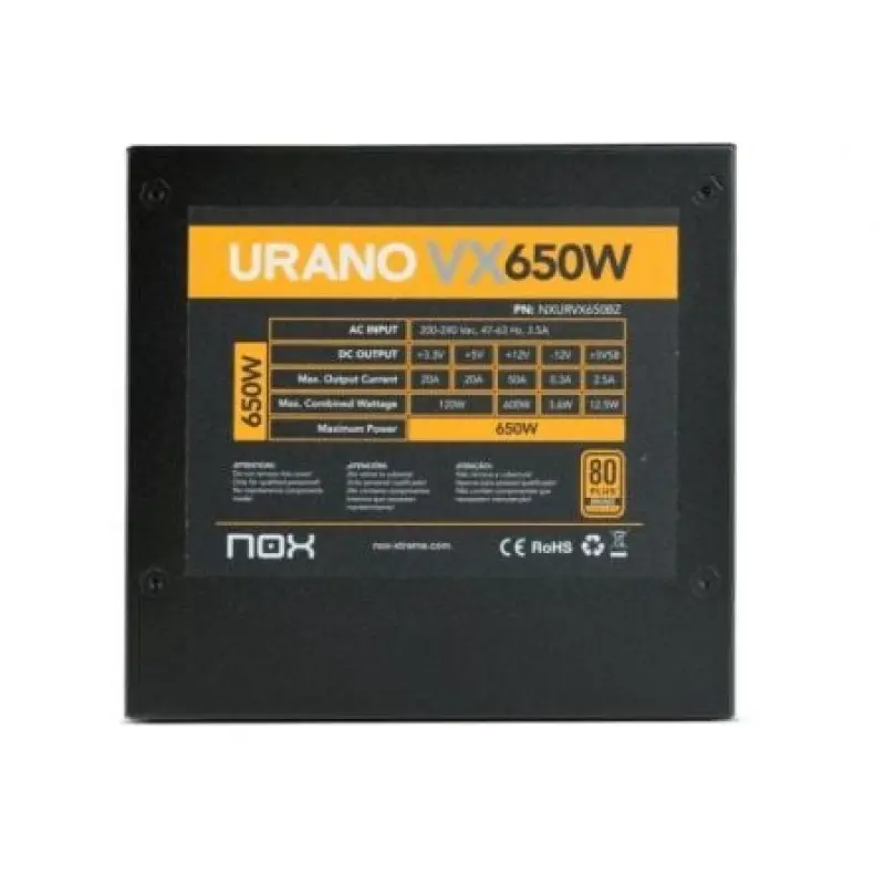 Fuente de Alimentación Nox Urano VX/ 650W/ Ventilador 12cm/ 80 Plus Bronze Fuente de Alimentación Nox Urano VX/ 650W/ Ventilador 12cm/ 80 Plus Bronze