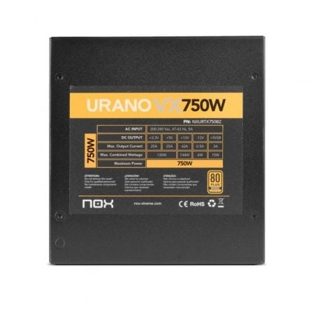 Fuente de Alimentación Nox Urano VX/ 750W/ Ventilador 14cm/ 80 Plus Bronze Fuente de Alimentación Nox Urano VX/ 750W/ Ventilador 14cm/ 80 Plus Bronze