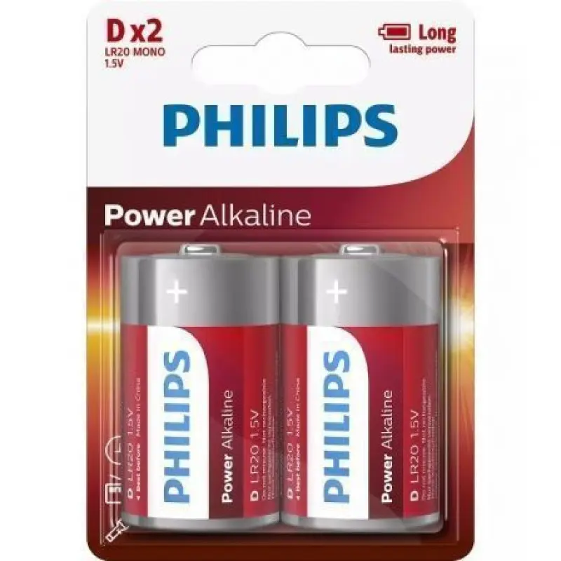 Pack de 2 Pilas D Philips LR20P2B/10/ 1.5V/ Alcalinas Pack de 2 Pilas D Philips LR20P2B/10/ 1.5V/ Alcalinas