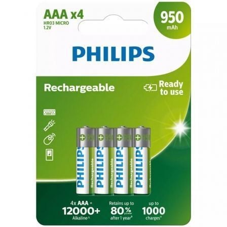 Pack de 4 Pilas AAA Philips R03B4A95/10/ 1.2V/ Recargables Pack de 4 Pilas AAA Philips R03B4A95/10/ 1.2V/ Recargables