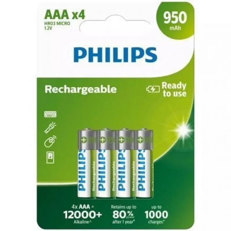 Pack de 4 Pilas AAA Philips R03B4A95/10/ 1.2V/ Recargables Pack de 4 Pilas AAA Philips R03B4A95/10/ 1.2V/ Recargables