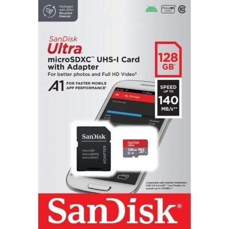 Tarjeta de Memoria SanDisk Ultra 128GB microSD XC con Adaptador/ Clase 10/ 140MBs Tarjeta de Memoria SanDisk Ultra 128GB microSD XC con Adaptador/ Clase 10/ 140MBs