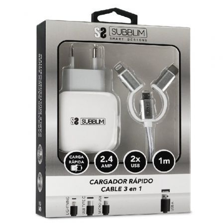 Cargador de Pared Subblim SUB-CHG-1ZWC01/ 2xUSB + Cable 3 en 1/ 12W/ Blanco Cargador de Pared Subblim SUB-CHG-1ZWC01/ 2xUSB + Cable 3 en 1/ 12W/ Blanco