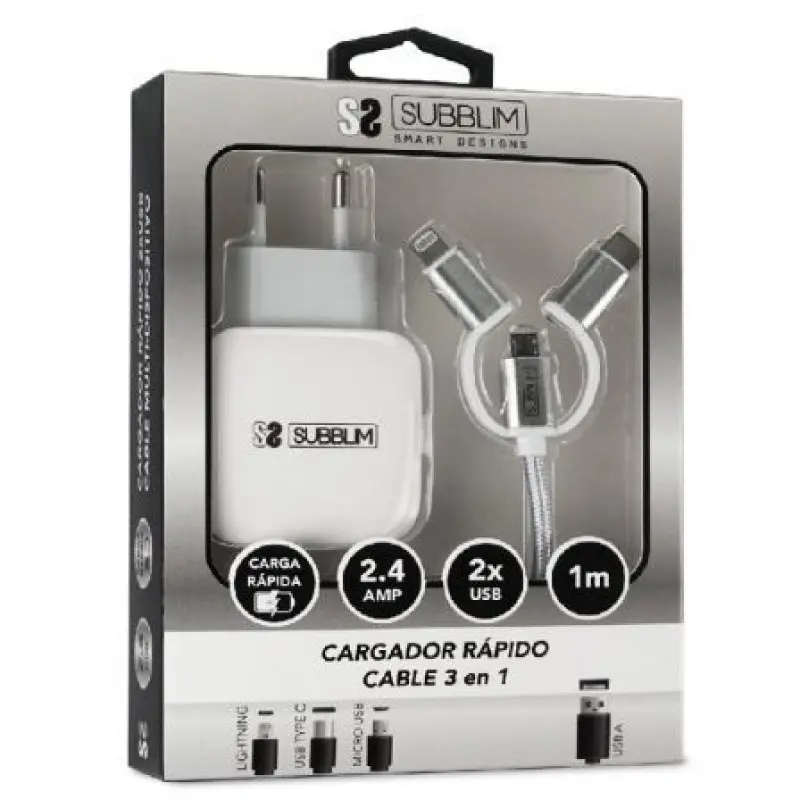 Cargador de Pared Subblim SUB-CHG-1ZWC01/ 2xUSB + Cable 3 en 1/ 12W/ Blanco Cargador de Pared Subblim SUB-CHG-1ZWC01/ 2xUSB + Cable 3 en 1/ 12W/ Blanco