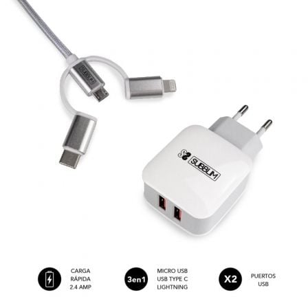 Cargador de Pared Subblim SUB-CHG-1ZWC01/ 2xUSB + Cable 3 en 1/ 12W/ Blanco Cargador de Pared Subblim SUB-CHG-1ZWC01/ 2xUSB + Cable 3 en 1/ 12W/ Blanco