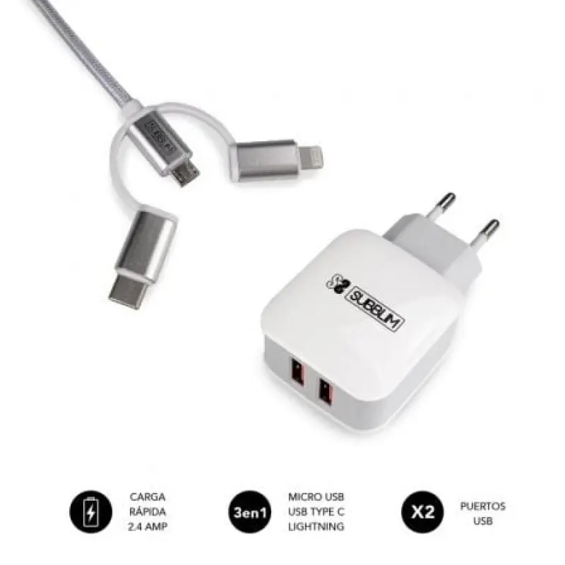 Cargador de Pared Subblim SUB-CHG-1ZWC01/ 2xUSB + Cable 3 en 1/ 12W/ Blanco Cargador de Pared Subblim SUB-CHG-1ZWC01/ 2xUSB + Cable 3 en 1/ 12W/ Blanco