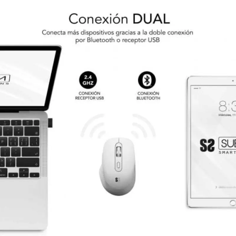 Ratón Ergonómico Inalámbrico por Bluetooth/ 2.4GHz Subblim Curve Ergo Dual Battery/ Batería recargable/ Hasta 1600 DPI/ Blanco Ratón Ergonómico Inalámbrico por Bluetooth/ 2.4GHz Subblim Curve Ergo Dual Battery/ Batería recargable/ Hasta 1600 DPI/ Blanco
