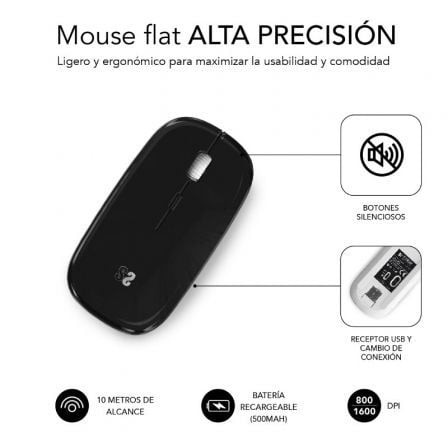 Ratón Inalámbrico por Bluetooth Subblim Dual Flat/ Batería recargable/ Hasta 1600 DPI Ratón Inalámbrico por Bluetooth Subblim Dual Flat/ Batería recargable/ Hasta 1600 DPI