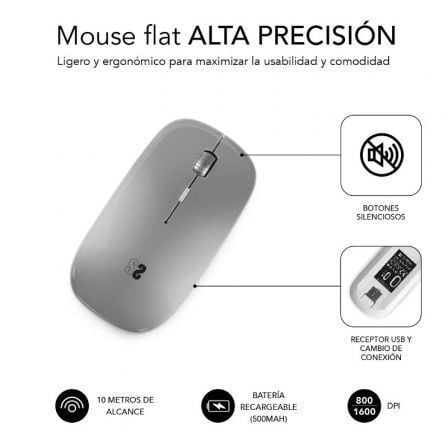 Ratón Inalámbrico por Bluetooth Subblim Dual Flat/ Batería recargable/ Hasta 1600 DPI/ Plata Ratón Inalámbrico por Bluetooth Subblim Dual Flat/ Batería recargable/ Hasta 1600 DPI/ Plata